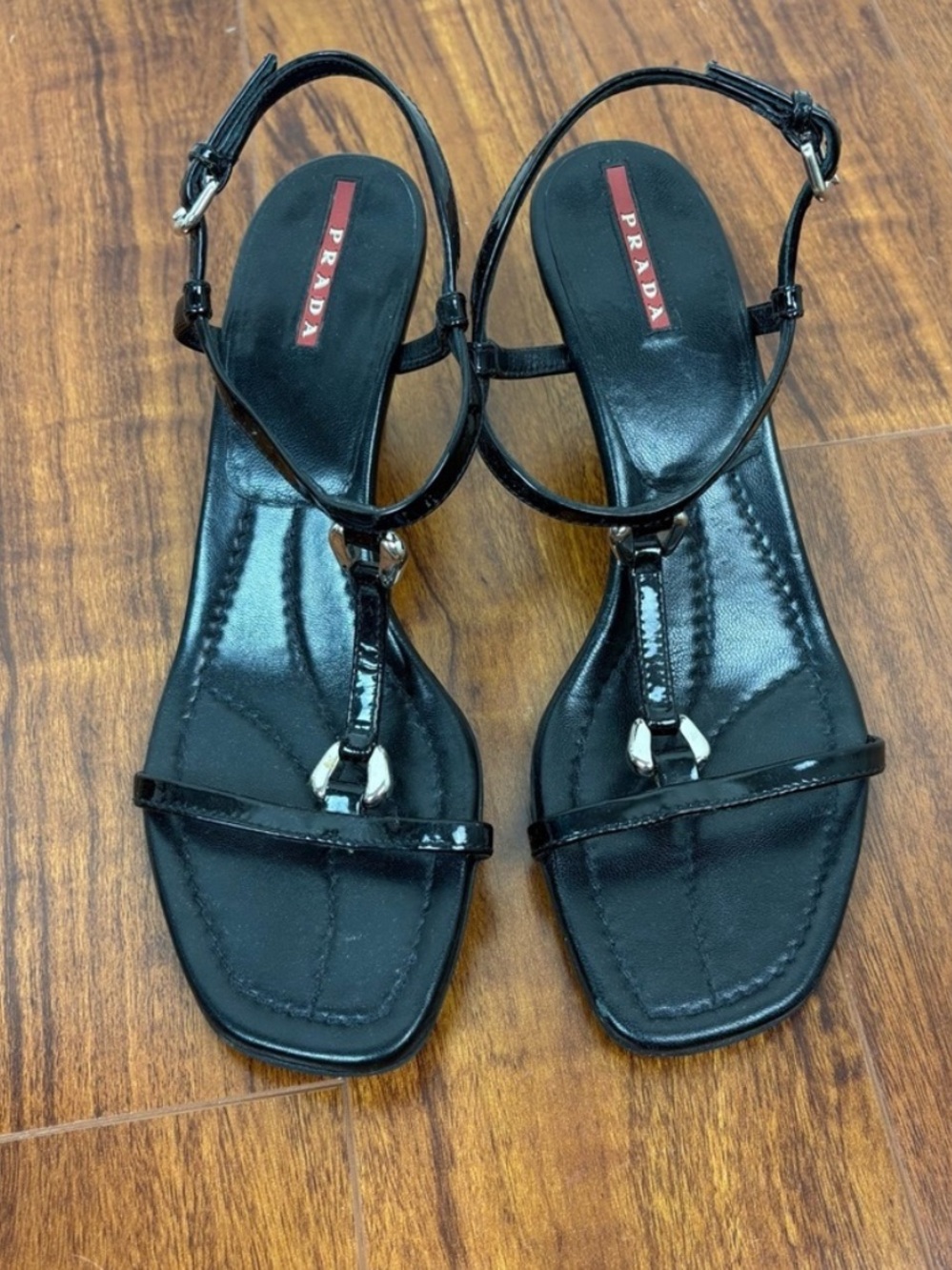 Vintage Prada T Strap Sandals 2 Inch Kitten Heels Size 38.5